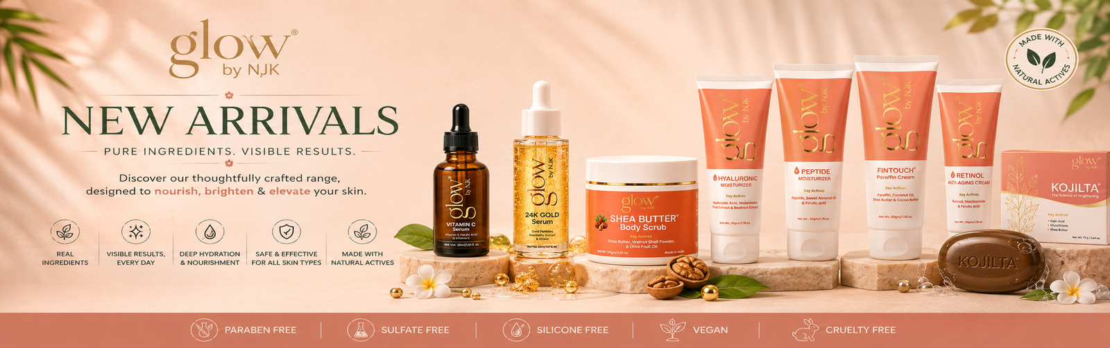 Glow by NJK new arrivals: serums, moisturisers, body scrub and soap